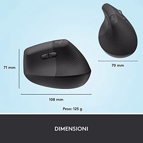 Logitech Lift Mouse Ergonomico Verticale, Senza Fili, Ricevitore Bluetooth o Logi Bolt USB, Clic Silenziosi, 4 Tasti, Compatibile con Windows / macOS / iPadOS, Laptop, PC - Grafite
