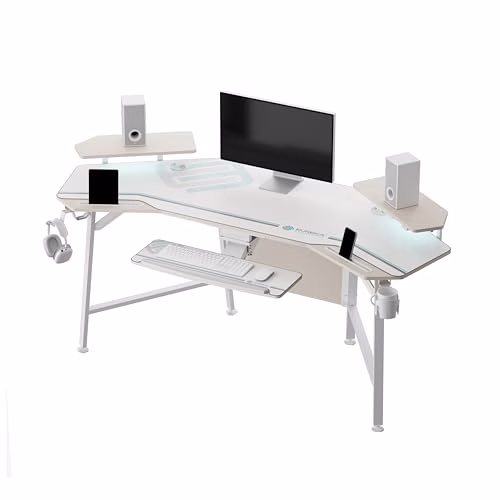EUREKA ERGONOMIC Scrivania Gaming LED 182x76 cm Grande Scrivania Computer PC a Forma di Ala Scrivania Ufficio per Giocatore con Vassoio per Tastiera, RGB Mensola per Monitor