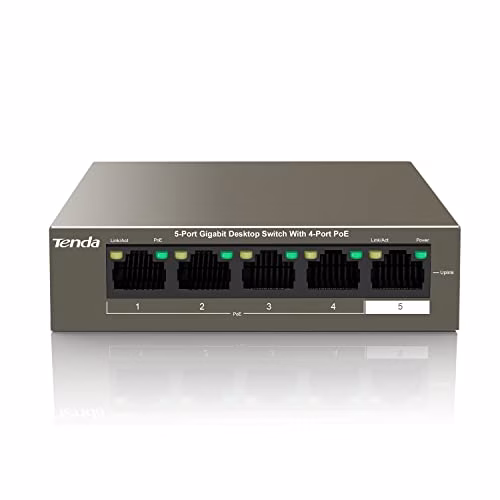 Tenda Switch PoE 5 Porte Gigabit 10/100/1000 Mbps, 4 Porte PoE+ Fino a 63W, Desktop/Parete, Switch PoE+ Fino a 30 W per Porta, Protezione da Sovraccarico, IEEE 802.3af/at, Metallo, TEG1105P-4-63W