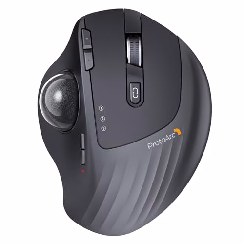 ProtoArc Mouse Bluetooth Trackball EM01 NL, Wireless Ergonomico (Bluetooth+2.4G), Controllo Pollice, Angolo Regolabile, 5 DPI Regolabile per PC/Mac/Pad/Windows