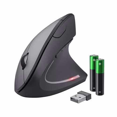 Trust Verto Mouse Verticale Wireless, Ergonomico senza Filo, 800/1200/1600 DPI, Microricevitore USB, 2.4GHz, 6 Pulsanti per PC, Computer, Portatile, Mac - Nero