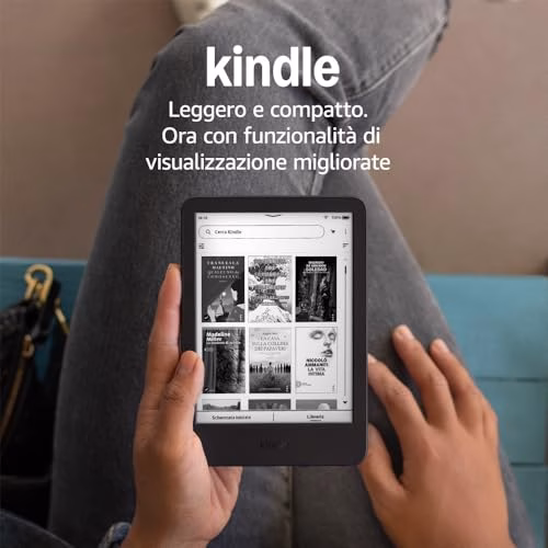 Amazon Kindle (16 GB)| Il più leggero e compatto, con schermo antiriflesso, cambio pagina più rapido, illuminazione frontale regolabile, batteria di lunga durata| Con pubblicità| Nero