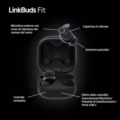 Sony LinkBuds Fit - Cuffie True Wireless Bluetooth con Noise Cancelling - Comfort a lungo, IPX4, High-Res Audio, modalità Ambient Sound, batteria fino a 21 ore, Multipoint, iOS e Android - Black