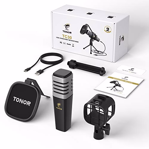 Microfono USB, TONOR Cardioide Condensatore Computer PC Mic con Supporto per Treppiede, Filtro Pop, Supporto Shock per Gaming, Streaming, Podcasting, YouTube, Voice Over, Twitch, Discordia, TC30