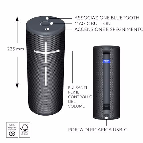 Ultimate Ears MEGABOOM 4, altoparlante portatile Bluetooth, impermeabile e galleggiante, con suono a 360° potente e bassi esplosivi, 20 ore di batteria e raggio d’azione di 45 m - Nero