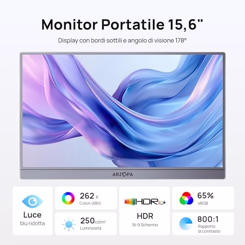 ARZOPA Monitor Portatile A1 15,6" FHD 1080P IPS, HDR, Ultra Sottile – Display Secondario per Laptop, Mac, PC, Xbox, Switch, PS5 - A1 Grigio