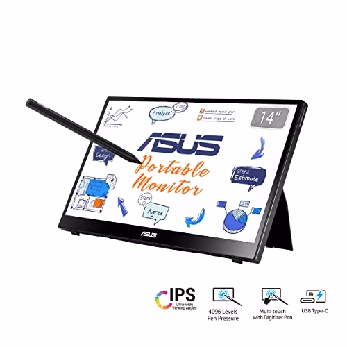 ASUS ZenScreen Ink Monitor da Gaming Portatile Touch 14” 1080P FHD (MB16AMT) – Monitor da Viaggio IPS USB-C e HDMI, Touch Screen a 10 Punti, Cavalletto integrato, Monitor Esterno per Laptop e Telefono