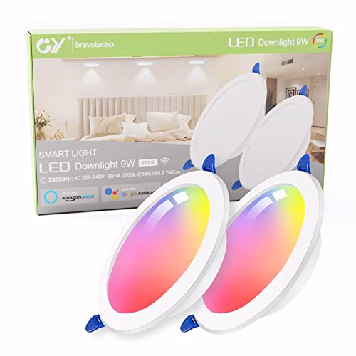 GY Faretti Alexa Led da Incasso,9W 760LM Compatibili con Alexa e Google Home, Multicolore RGBCW LED Dimmerabile, luci ultrasottili faretti smart led da incasso per cartongesso, 2 pezzi