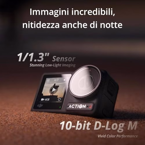 DJI Osmo Action 4 Combo Essenziale - Action cam impermeabile 4K/120fps con sensore 1/1.3”, incredibili immagini con scarsa illuminazione, prestazioni cromatiche a 10 bit e D-Log M,batteria da 1770 mAh