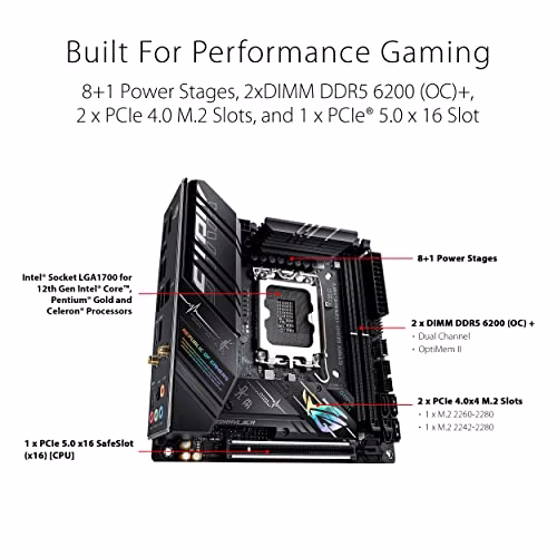 ASUS ROG Strix B660-I Gaming WiFi Scheda Madre mini-ITX, Intel B660, LGA1700, DDR5, PCI 5.0, LAN Intel I225-V 2.5Gb, WiFi 6, ROG SupremeFX 7.1 Surround, 2xM.2, 4xSATA 6GB/s, USB 3.2 Gen 2x2, Nero