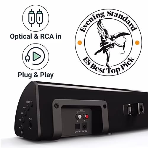 Snowdon Soundbar II con suono surround Subwoofer integrato, dispositivo wireless 5.0 Bluetooth da 120 W Streaming, telecomando, montabile a parete, compatibile con l'ottica, cavo RCA incluso (nero)