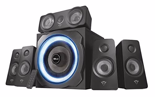 Trust Tytan Gaming GXT 658 Sistema Set di Altoparlanti Surround 5.1, con Subwoofer Illuminato LED Blu, Potenza Totale di 180 Watt, Nero