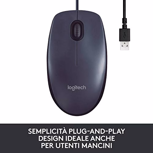 Logitech B100 Mouse USB Cablato, 3 Pulsanti, Rilevamento Ottico, Ambidestro, PC / Mac / ‎Laptop/Chromebook - ‎Nero