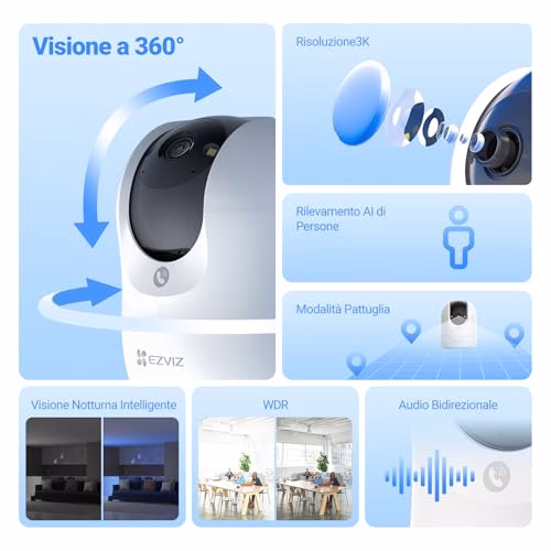 EZVIZ C6N G1 3K Telecamera Wi-Fi Interno, 5MP Videocamera Sorveglianza Interno Pan/Tilt/Zoom, Rilevamento di Persone, Visione Notturna a Colori con WDR, Chiamata Bidirezionale, WiFi 2.4Ghz
