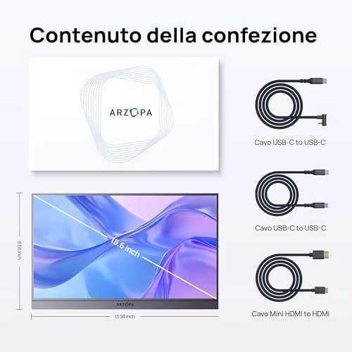 ARZOPA Monitor Portatile A1 15,6" FHD 1080P IPS, HDR, Ultra Sottile – Display Secondario per Laptop, Mac, PC, Xbox, Switch, PS5 - A1 Grigio