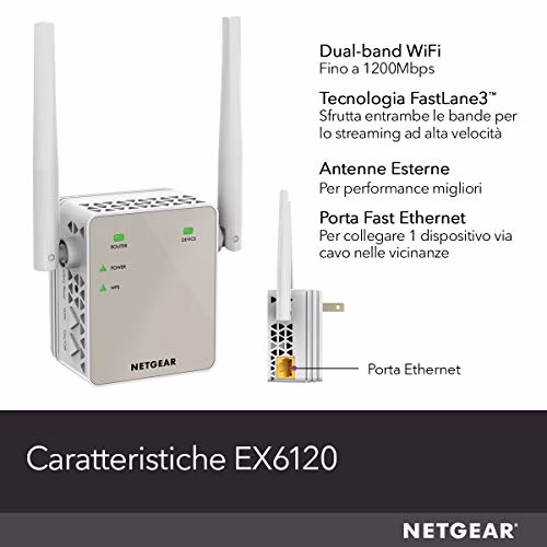NETGEAR EX6120 Ripetitore WiFi AC1200, Access Point Dual Band, Porta LAN, Compatibile con Modem Fibra e ADSL