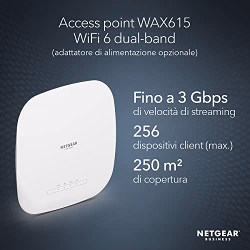 NETGEAR Access Point WiFi 6 AX3000 WAX615, Dual Band, access point poe, fino a 256 dispositivi client, porta LAN Ethernet da 2,5G, gestione remota Insight