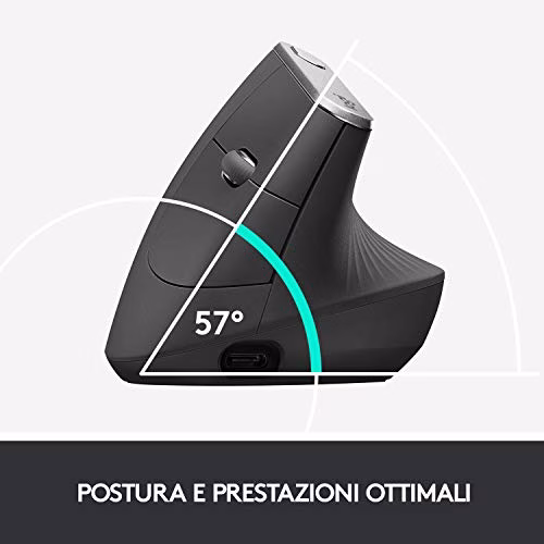 Logitech MX Mouse Verticale Wireless Ergonomico, Multi-Dispositivo, Bluetooth o 2.4GHz Ricevitore USB Unifying, Rilevamento Ottico 4K DPI, 4 Pulsanti, Ricarica Rapida, PC-Mac-iPadOS, Grigio