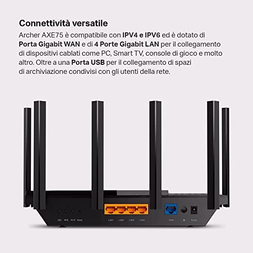 TP-Link Archer AXE75 Router AXE5400Mbps Wi-Fi 6E Tri-Band, Porta Gigabit, 6 GHz Band, Porta USB 3.0, Client E Server VPN, HomeShield, MU-Mimo, OFDMA