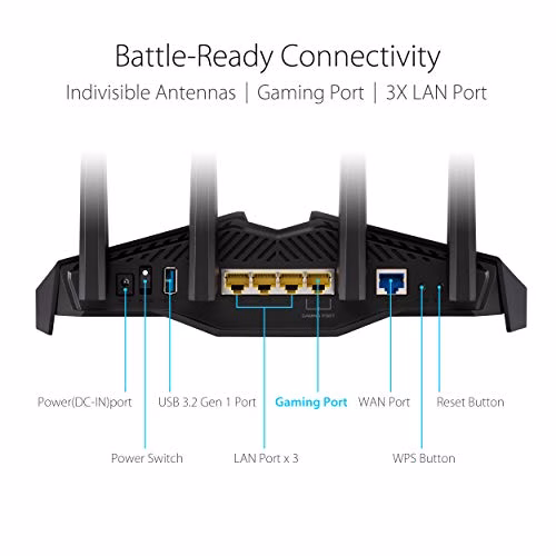ASUS Router RT-AX82U, AX5400 Dual Band WiFi 6 Gaming Router, WiFi 6 802.11ax, Mobile Game Mode, AiProtection, Mesh WiF, Aura RGB, Adaptive QoS, Port Forwarding