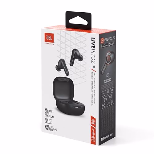 JBL LIVE PRO 2 TWS Auricolari True Wireless, Cuffie In-Ear Bluetooth Senza Fili con Cancellazione Adattiva del Rumore e 6 Microfoni, Impermeabili IPX5, fino a 40h di Autonomia Combinata, Nero