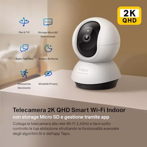 Tapo C220 Telecamera Wi-Fi Interno 2K 4MP QHD, Videocamera Sorveglianza, 360º Horizontal, Panoramica e iInclinazione, Visione Notturna, MicroSD fino a 512GB, Alexa, Google Assistant