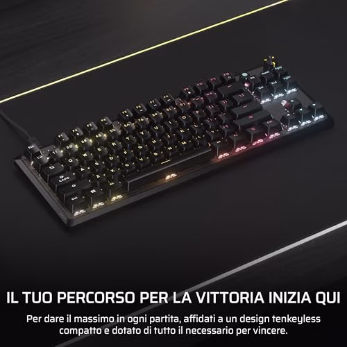 CORSAIR K70 CORE TKL RGB Tastiera da Gioco Meccanica Tenkeyless – Interruttori Lineari CORSAIR MLX Red v2 Pre-Lubrificati – SOCD – Smorzamento del Suono – Coprichiavi in ABS – QWERTY IT – Nero