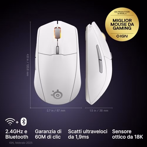 SteelSeries Rival 3 Wireless Gen 2 - Mouse Gaming - 2,4 GHz e Bluetooth - Sensore ottico TrueMove Air da 18000 DPI - Durata 60 milioni di clic - Leggero - Piedini 100% PTFE - Bianco