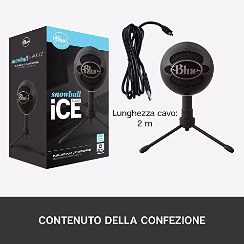 Blue Snowball iCE Microfono USB Plug 'n Play per Registrazione, Streaming, Podcast, Gaming su PC e Mac, Capsula a Condensatore Cardioide, Supporto da Tavolo Regolabile e Cavo USB - Nero