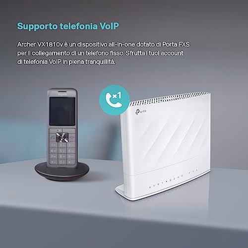 TP-Link Archer VX1810v Modem Router VDSL/ADSL, AX1800Mbps Dual Band WiFi 6, Profilo VDSL2 35b, VoIP, 4 Porte Gigabit, Porta DSL, FXS, Compatibile con VDSL2/ADSL2+/ADSL2/ADSL, Porta USB