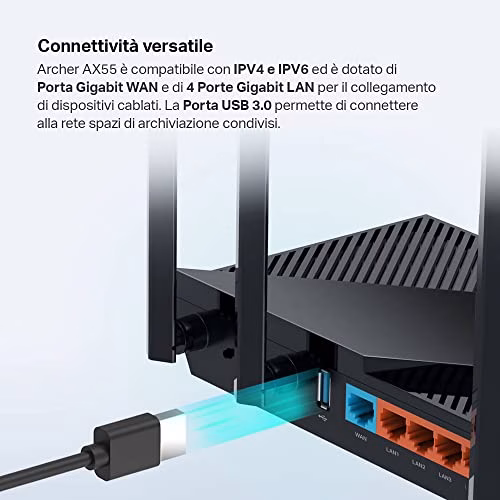 TP-Link Archer AX55 Router WiFi 6 Dual-Band AX3000Mbps, 5 Porte Gigabit, 1 Porta USB 3.0, TP-Link HomeShield, OneMesh, Router F (FTTH | FTTB | Ethernet), Tether App, Compatibile con Alexa