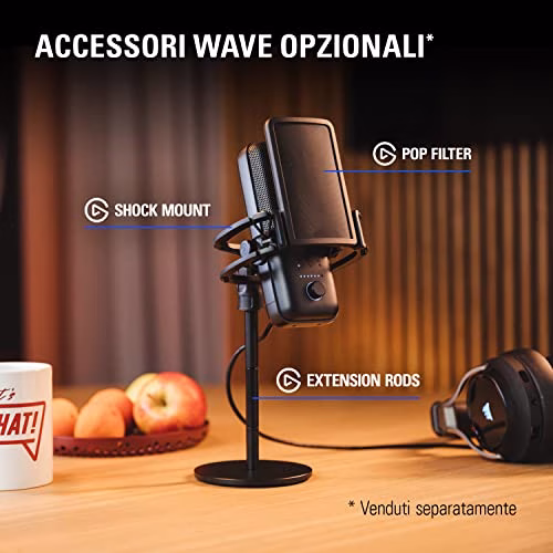 Elgato Wave:3, microfono condensatore USB premium per streaming, podcast, gaming e home office, software di mixaggio gratis, plug-in per effetti audio, anti-distorsione, plug ’n play, per Mac e PC