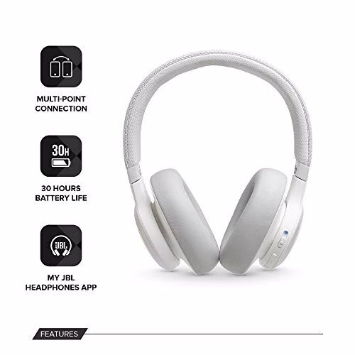 JBL LIVE 650BTNC - Cuffie wireless con Bluetooth e cancellazione del rumore, suono di qualità JBL con assistente vocale integrato, fino a 30 ore di musica, bianco