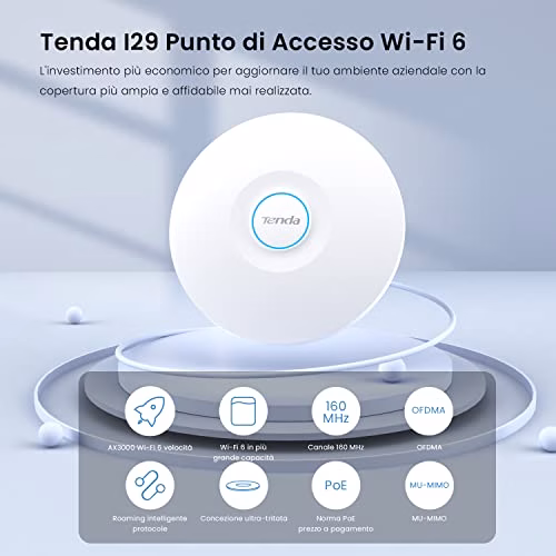 Tenda Access Point WiFi 6 AX3000 I29, Access Point 3000Mbps, Dual Band, Gestione Centralizzata, Fino a 256 Dispositivi, MU-MIMO, OFDMA, Montaggio a Parete e Soffitto, Alimentazione PoE/DC
