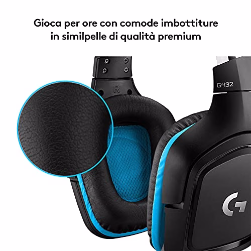 Logitech G G432 Cuffie Gaming Cablate, Audio Surround 7.1, DTS: x 2.0, Driver 50 mm, ‎Jack USB 3.5 mm, Microfono Flip-to-Mute, Leggere, PC/Mac/Xbox One/PS4/Nintendo ‎Switch, Nero/Blu
