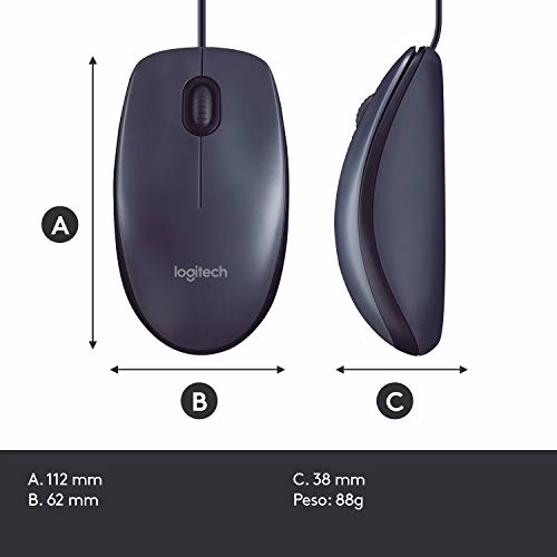 Logitech B100 Mouse USB Cablato, 3 Pulsanti, Rilevamento Ottico, Ambidestro, PC / Mac / ‎Laptop/Chromebook - ‎Nero