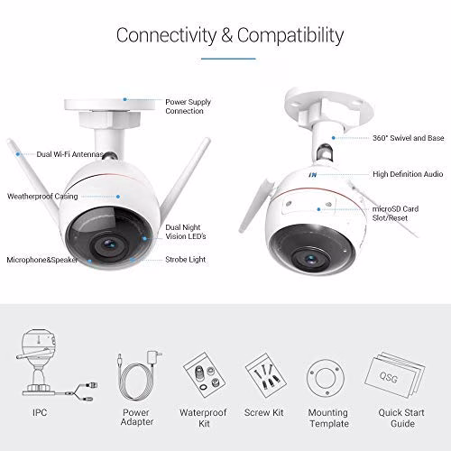 EZVIZ CTQ3W Telecamera da Esterno Telecamera Wi-Fi Esterno HD IP Camera da Esterno con Visione Notturna (30m) Sistema d'allarme con Luce Stroboscopica e Sirena Protezione IP66 Compatibile con Alexa