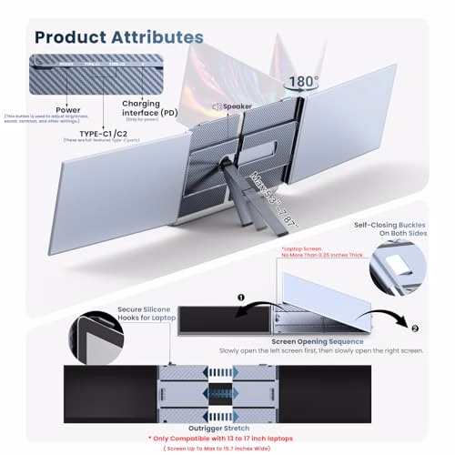 Kwumsy Monitor Portatile Per Laptop 14 Pollici, 0,17" Ultrasottile E Ultraleggero Triplo Schermo PC Portatile, FHD 1080P Portable Monitor, Compatibile Con Laptop Da 13