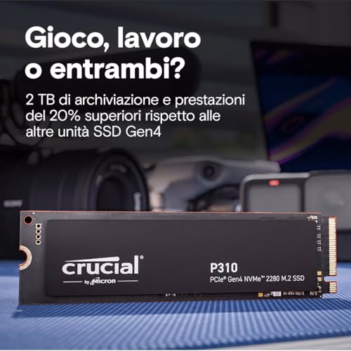 Crucial P310 SSD 1TB PCIe Gen4 NVMe M.2 2280, fino a 7.100 MB/s, Compatibile con Notebook e PC Desktop, Hard Disk Interno - CT1000P310SSD801