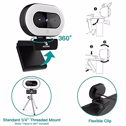 NexiGo StreamCam N930E, 1080P Streaming Webcam per PC con anello luce e copertura privacy, Microfono Stereo, Auto-Focus, Plug and Play, Web Camera per Zoom Meeting Skype Teams