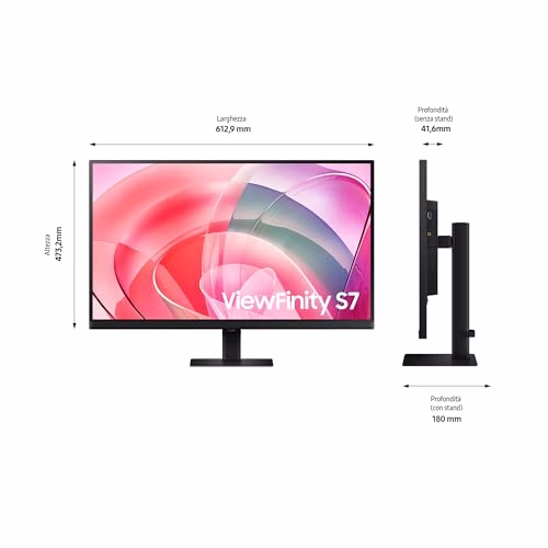 Samsung Monitor ViewFinity S7 (S27D702), Flat, 27'', 3840x2160 (UHD 4K), HDR10, 60Hz, 5ms, HDMI, Display Port, Ingresso Audio, PIP, PBP, Easy Setup Stand