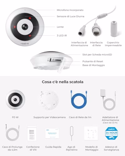 Reolink 2K+ Telecamera WiFi Interno con Panorama a 360°, Telecamera Fisheye Wi-Fi 2.4/5GHz, Rilevamento Umano Intelligente, Audio a due vie, Visione notturna IR, Slot per Schede microSD, FE-W Bianco