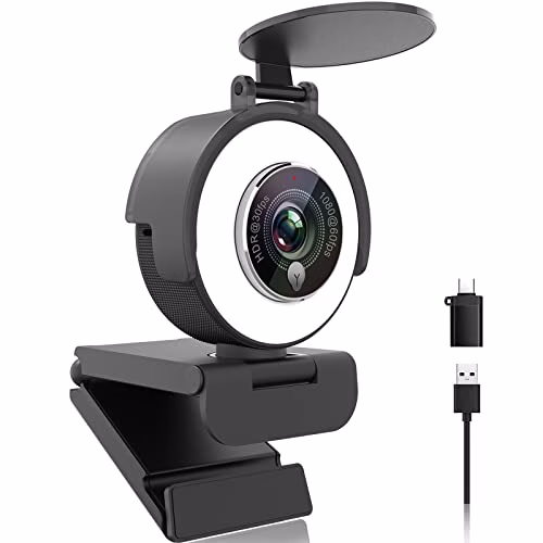 Angetube Webcam 1080p con luce anulare per lo streaming: Webcam USB 60FPS con microfono-HDR-Enabled-HD Auto Light Correction Web Cam con FOV regolabile, per team, Zoom, PC/Laptop/Mac/Desktop