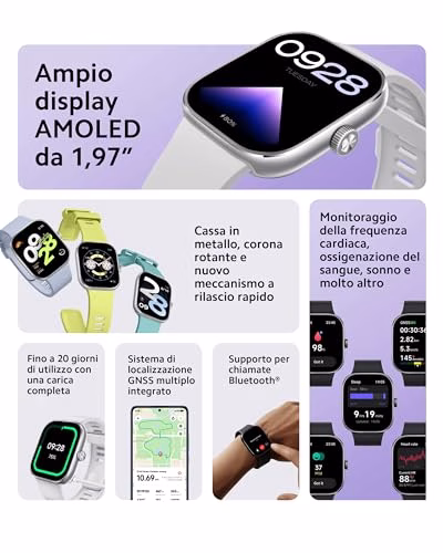 Xiaomi Redmi Watch 4 (Smartwatch), Schermo AMOLED 1,97", Autonomia 20 giorni, 150+ modalità sportive, GPS integrato, corona in acciaio, Chiamate Bluetooth, Monitoraggio Battito Cardiaco, SpO2, Grigio