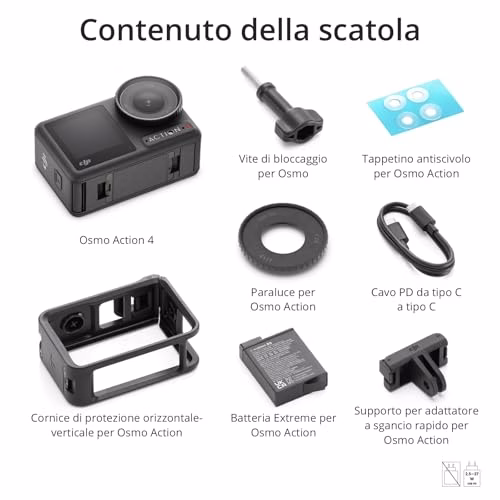 DJI Osmo Action 4 Combo Essenziale - Action cam impermeabile 4K/120fps con sensore 1/1.3”, incredibili immagini con scarsa illuminazione, prestazioni cromatiche a 10 bit e D-Log M,batteria da 1770 mAh