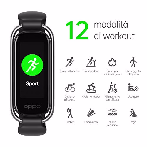 OPPO Band Style Tracker Smartwatch con Display AMOLED a Colori 1.1'' 5ATM Carica Magnetica, Impermeabile 50m, Pedometro Fitness 2 Cinturini Cardiofrequenzimetro, Versione Italia, Colore Black