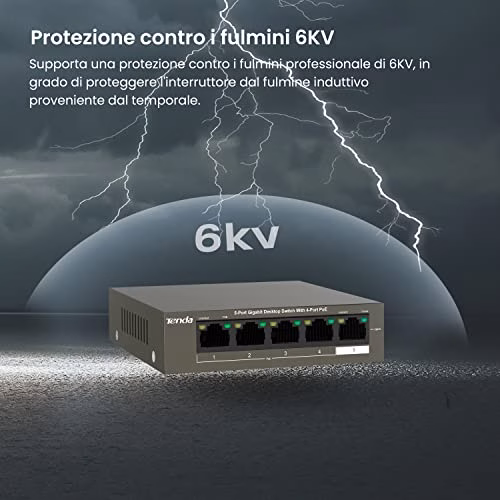 Tenda Switch PoE 5 Porte Gigabit 10/100/1000 Mbps, 4 Porte PoE+ Fino a 63W, Desktop/Parete, Switch PoE+ Fino a 30 W per Porta, Protezione da Sovraccarico, IEEE 802.3af/at, Metallo, TEG1105P-4-63W