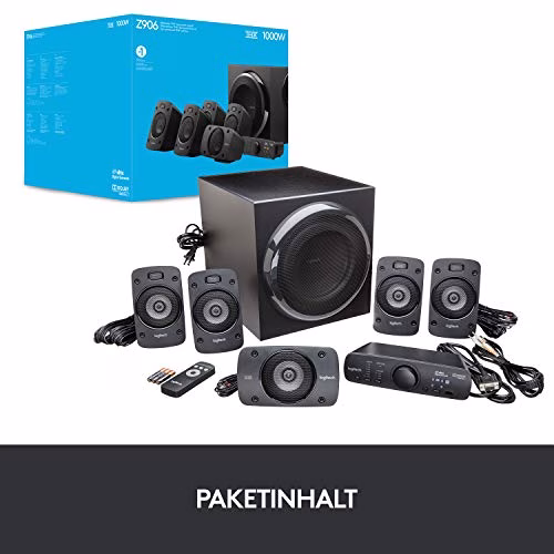 Logitech Z906 5.1 Sistema di Altoparlanti Audio Dolby Surround, Certificato THX, Dolby e DTS, ‎Potenza 1000 Watt, Multidispositivo, Con Telecomando, Presa EU/IT, PC/PS4/Xbox/TV/Smartphone/Tablet