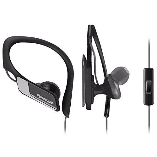 Panasonic RP-HS35M Cuffie Sport, Design Ergonomico a Tenuta Stabile, Suono Dinamico e Bassi Potenti, Archetto Regolabile, Impermeabilità IPX2, con Microfono, Nero