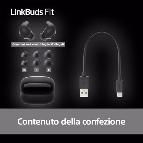 Sony LinkBuds Fit - Cuffie True Wireless Bluetooth con Noise Cancelling - Comfort a lungo, IPX4, High-Res Audio, modalità Ambient Sound, batteria fino a 21 ore, Multipoint, iOS e Android - Black